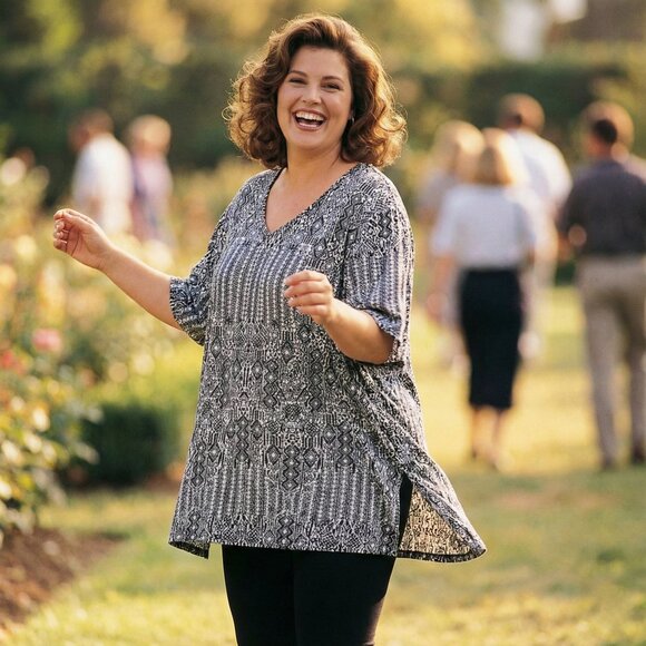 Catherines Womens 1X 18 20W Black White Geometric Print Top Easy Fit Plus Size - Picture 1 of 7